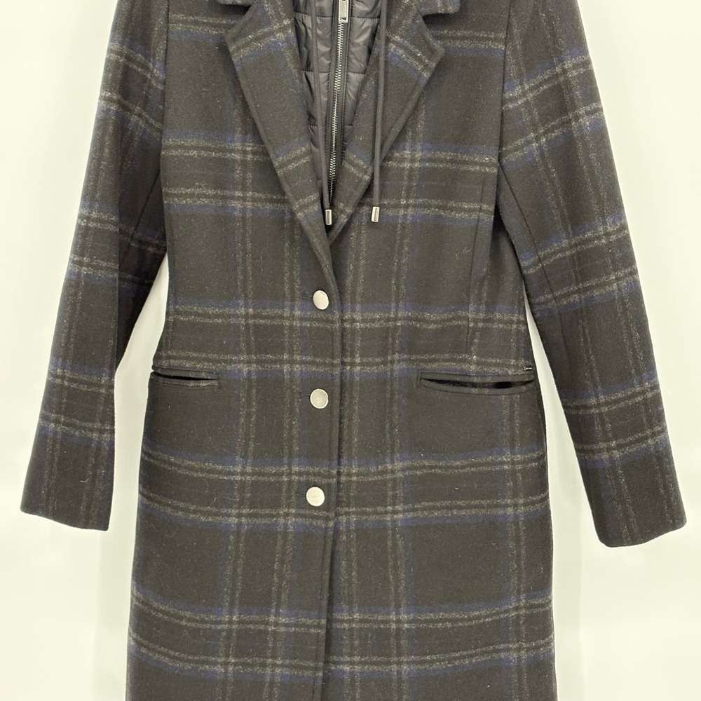 🧲 IKKS Black blue and Gray Plaid wool blend coat w zip out black puffer hoodie - Picture 3 of 12
